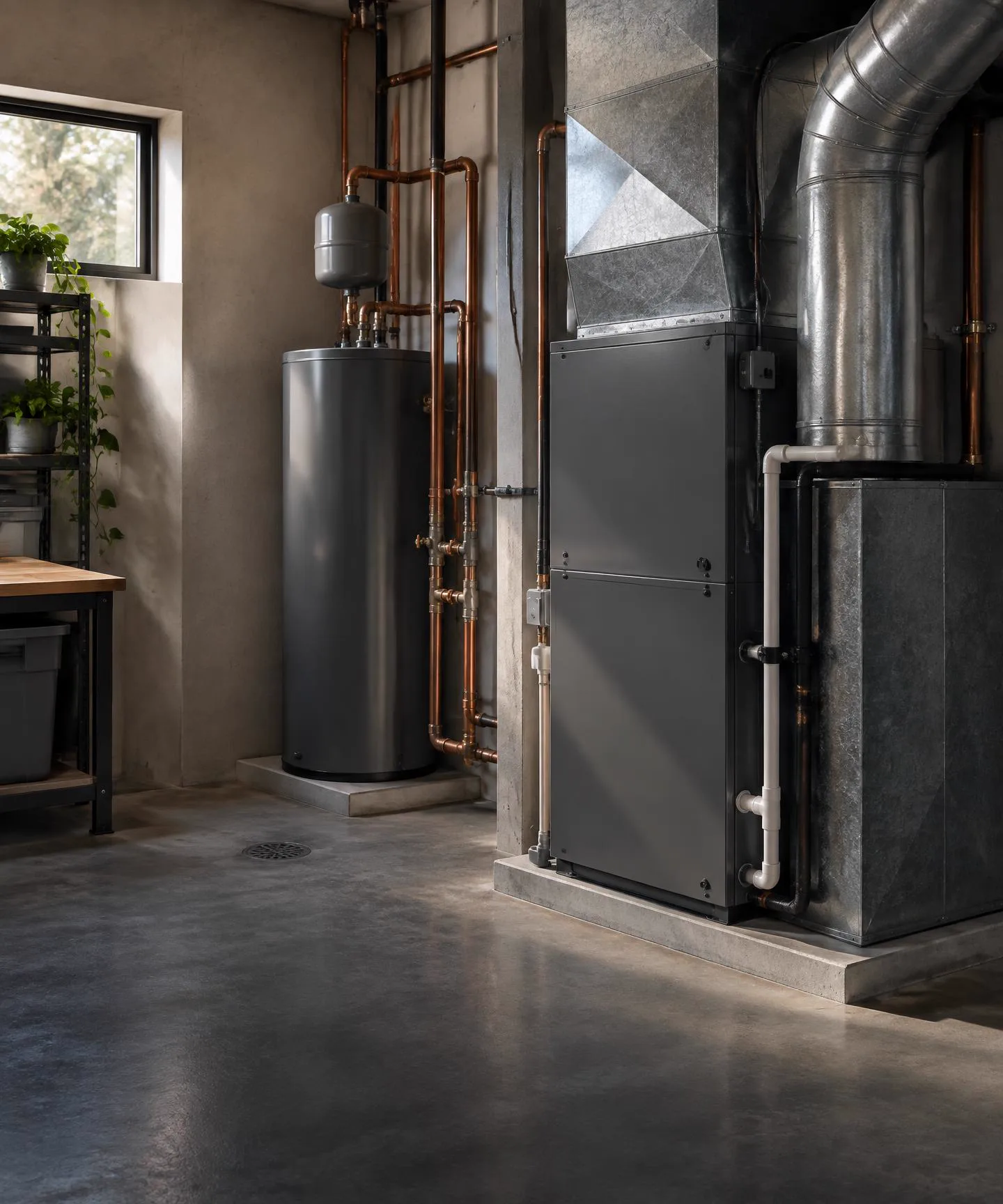Copper piping, ventilation ductwork, and mechanical equipment in an architectural utility space